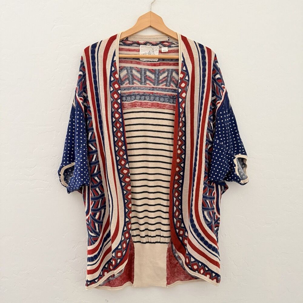 Angel Of The North Anthropologie S Open Cardigan Red Blue Geometric Linen Cotton
